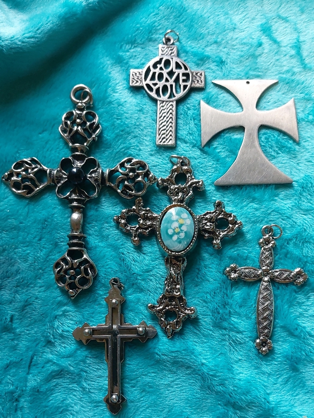Cross Pendant Destash Lot - Gothic, Celtic, Modernist, 6 Pc., VTG Silvertone